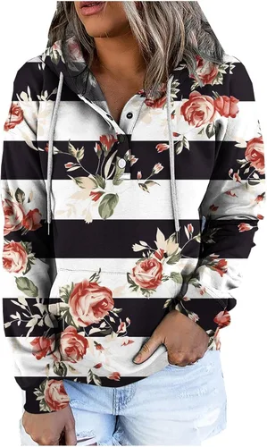 Vista 33 de Sudaderas con capucha para mujer, con cuello de botón, sin botones, con cordón, manga larga, lindas, ropa para adolescentes y niñas