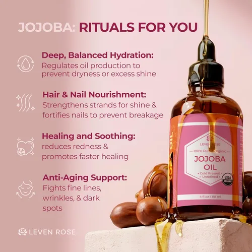 Vista 4 de Aceite de jojoba de Leven Rose: 100 % orgánico, natural, sin refinar y prensado en frío, de 4 onzas para cabello, piel y uñas, 4U-BG76-6IYG, 1, 1
