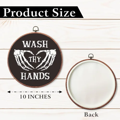 Vista 2 de VZVCTFS Lienzo decorativo redondo gótico de 10 pulgadas, lávate las manos, manos de esqueleto, decoración oscura para baño, decoración colgante