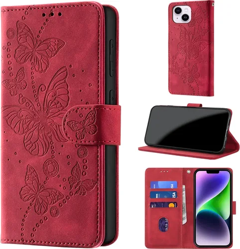Vista 9 de Funda tipo cartera para iPhone 14 Plus, color borgoña Bloqueo RFID, soporte para 3 tarjetas, carcasa de TPU a prueba de golpes, cierre magnético