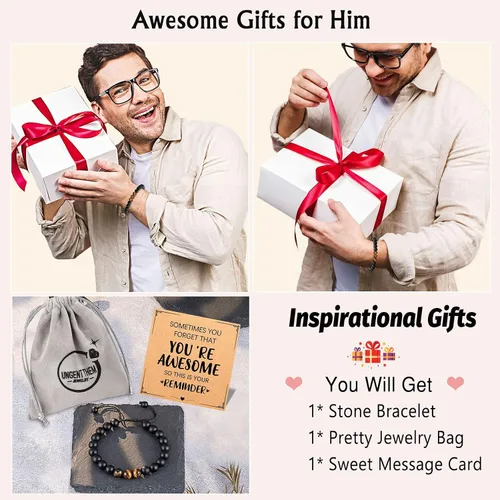Vista 5 de UNGENT THEM Pulsera de piedra natural para hombres, adolescentes, aniversario, graduación, cumpleaños, día del padre, regalo de Navidad para hijo