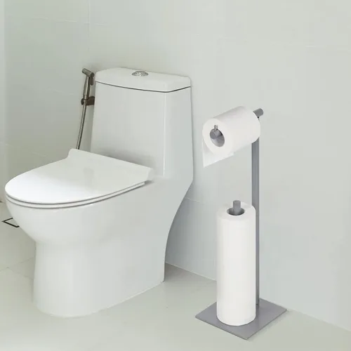 Vista 4 de Soporte de papel higiénico con soporte de papel higiénico de pie con dispensador de rollo de papel higiénico de pie libre de reserva para baño