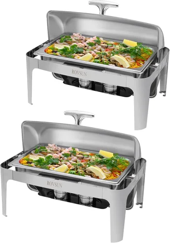 Vista 10 de ROVSUN Juego de bufé de platos para rozar platos de 9 cuartos de galón de acero inoxidable, juego rectangular NSF con bandeja para alimentos