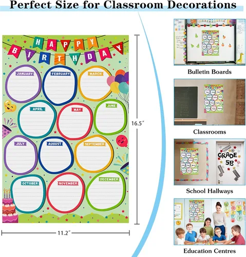 Vista 5 de WhatSign Tabla de cumpleaños para el aula, póster de feliz cumpleaños, calendario de cumpleaños para pared, reutilizable, tablón de anuncios