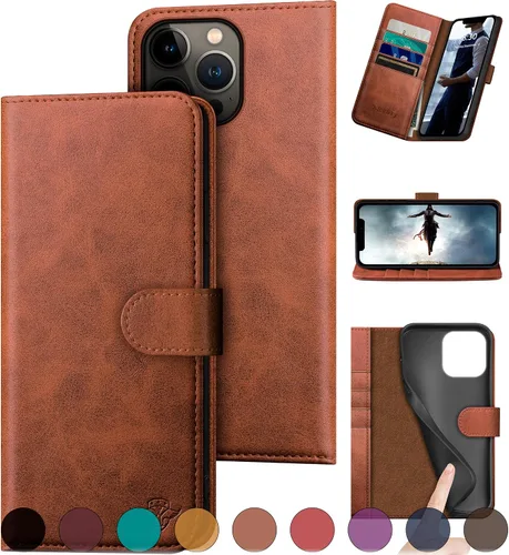 Vista 8 de DuckSky Funda tipo cartera de piel auténtica para iPhone 13 Pro de 6.1 pulgadas. Bloqueo RFID. 4 tarjeteros de crédito. Cuero auténtico. Funda Negro
