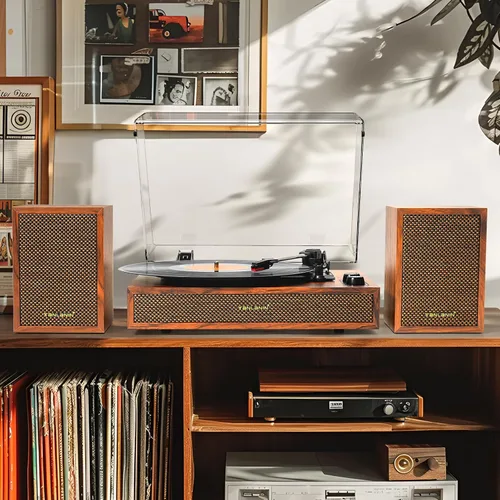 Vista 2 de Tocadiscos de vinilo con altavoces externos, tocadiscos estéreo vintage de 3 velocidades para discos de vinilo, entrada Bluetooth, parada automática