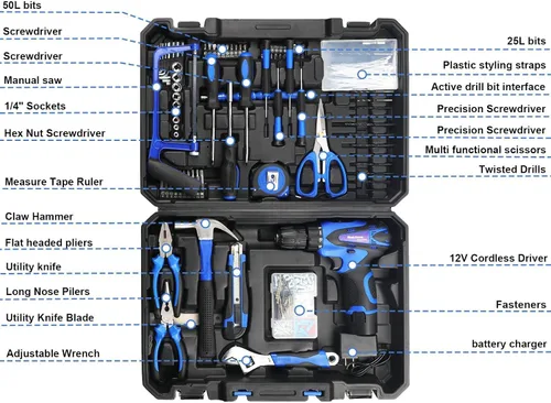 Vista 2 de Caja de herramientas, kit de herramientas para el hogar de 261 piezas con taladro inalámbrico de 12 V y accesorios Juego de herramientas