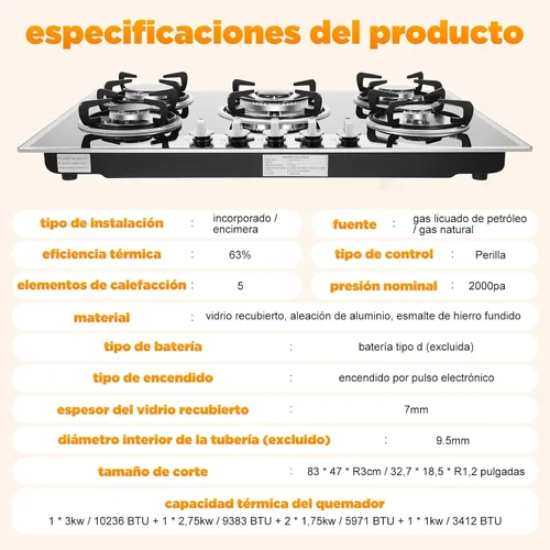 Vista 8 de Estufa de gas de 5 quemadores, encimera de acero inoxidable integrada de 30 pulgadas, encimera de acero inoxidable integrada con protección