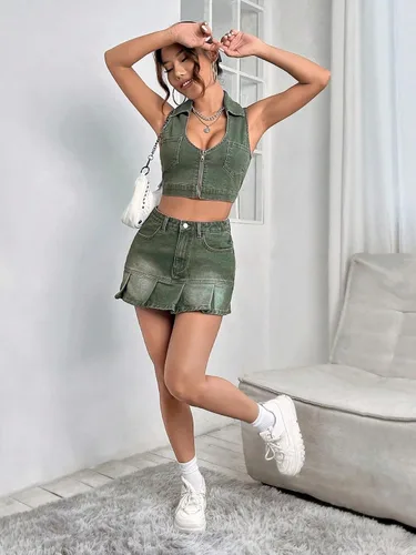 Vista 5 de WDIRARA Camiseta sin mangas con cuello redondo y bolsillos parcheados para mujer