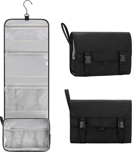 Vista 23 de Pequeña bolsa de aseo colgante para hombres y mujeres, organizador colgante portátil para kit de ducha de tamaño de viaje, accesorios de maquillaje