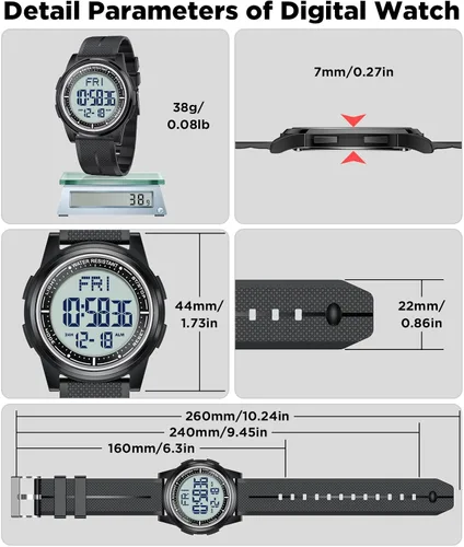 Vista 6 de Beeasy - Reloj digital de pulsera resistente al agua con cronómetro, alarma, cuenta regresiva, doble zona horaria, ultrafino, pantalla angular muy