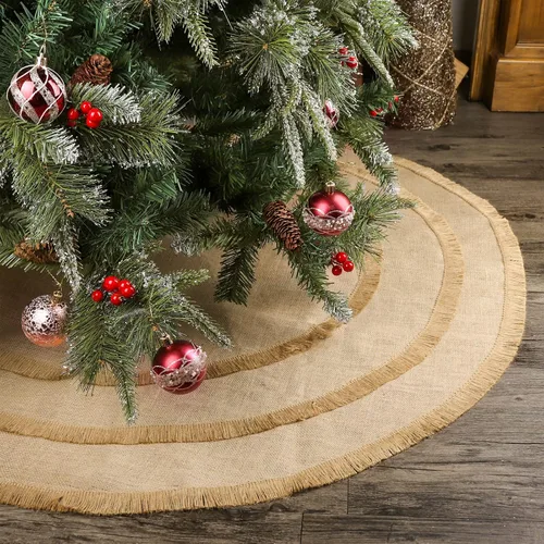 Vista 5 de Falda de árbol de Navidad, 48 pulgadas de yute de arpillera natural liso con borlas, decoración rústica de Navidad