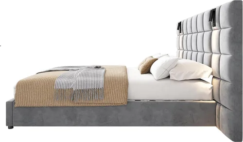 Vista 6 de Base de cama tamaño King con cabecero de 46 pulgadas de alto, plataforma tapizada de terciopelo, cabecera de tela suave copetuda, lámparas