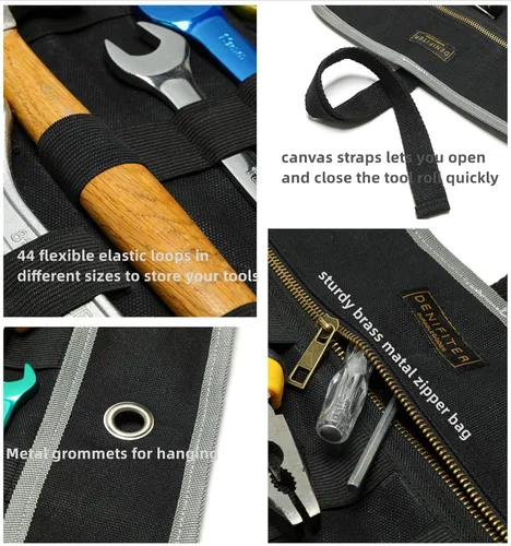 Vista 3 de Bolsa enrollable para herramientas, bolsa de herramientas de lona encerada de 16 onzas, bolsa de herramientas multiusos con banda elástica, 1 bolsa