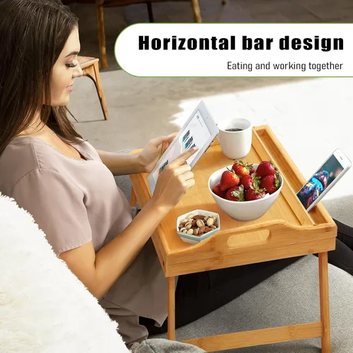 Vista 7 de Mesa Bandeja para Cama Bandejas de Desayuno Bandeja de Servir Altura Ajustable para Comer Cama de Bambú Laptop Plegable Patas con Asas y Soportes