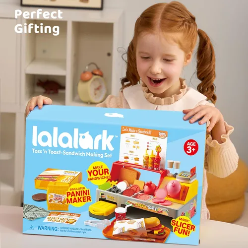 Vista 9 de Juguete de restaurante y comida de juego de simulación para niños, accesorios de cocina de juego incluyen sandwichera de juguete con rebanador