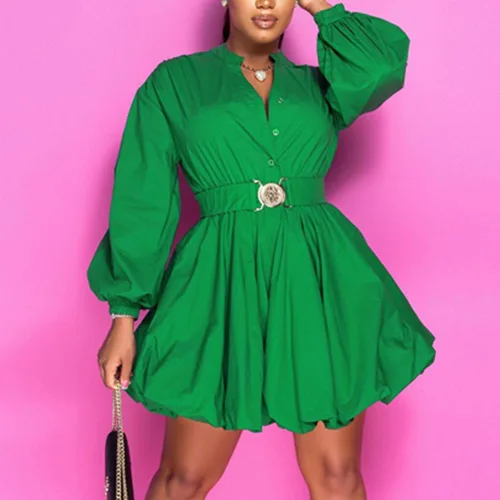 Vista 4 de Useagrey Elegante vestido de trabajo con cuello en V y botones para mujer, manga casquillo, recortado, fiesta, cóctel, plisado, vestido acampanado