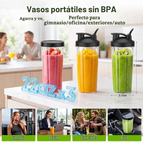 Vista 3 de KOIOS BL319B - Licuadora personal para batidos con 3 tazas para llevar de 22 onzas, color negro Press-and-Twist Lock, 22000 RPM, Detachable Blade