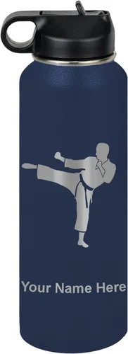 Vista 55 de Botella de agua personalizada LaserGram, Karate Man, de acero inoxidable con aislamiento al vacío de doble pared con tapa abatible, regalo grabado