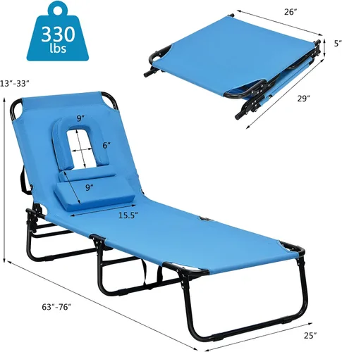 Vista 9 de Sillón plegable de playa con 5 respaldos ajustables y almohada acolchada, tumbona para tomar el sol, silla plana de bronceado para cubierta de Azul