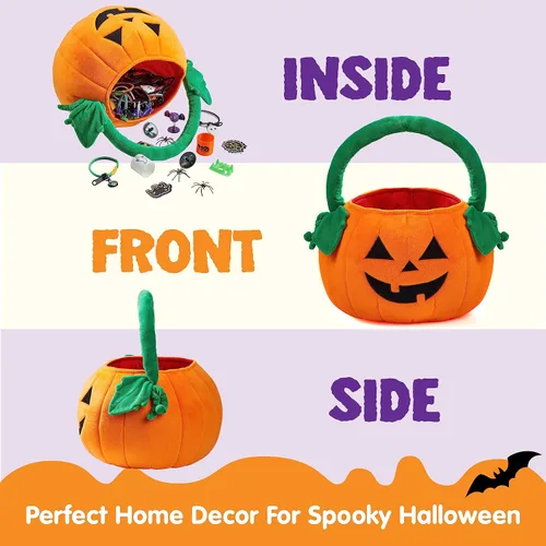 Vista 5 de JOYIN Cubo de felpa de calabaza de Halloween, bolsa de dulces de 11 x 13.4 pulgadas, bonita cesta de Halloween con asa para niños, niñas, niños