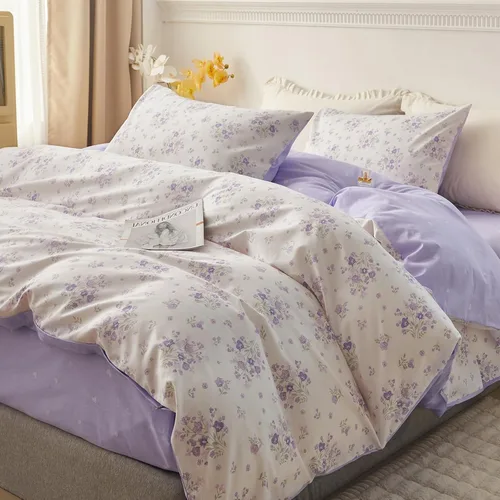 Vista 24 de HighBuy Juego de funda de edredón vintage con volantes y estampado de rayas francesas, 100% algodón con cierre de cremallera, juego de ropa de cama