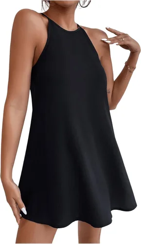 Vista 4 de SHENHE Minivestido casual sin mangas con cuello halter acampanado y acampanado para mujer