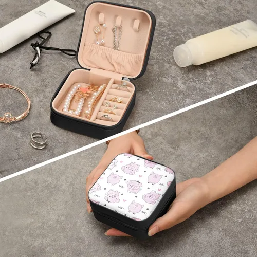 Vista 8 de xigua Lindo joyero de cerdo para mujeres y niñas, estuche portátil de cuero sintético para viajes, anillos, aretes, collares, pulseras