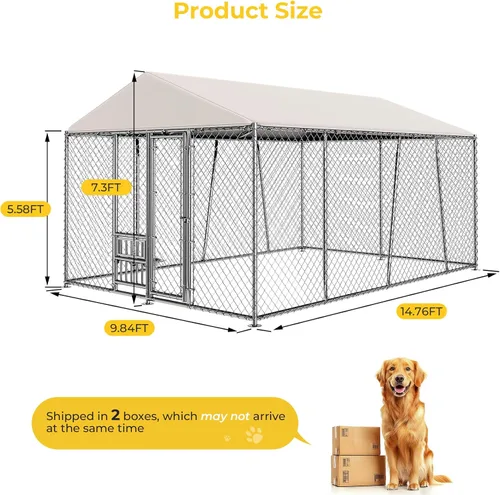Vista 7 de Lyromix - Perrera grande de 10 x 15 pies para exterior con cuencos, perrera para exterior con techo impermeable, jaula de eslabones de cadena