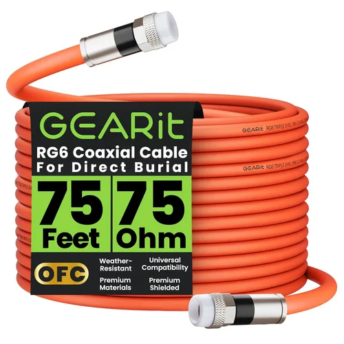 Vista 16 de GEARit Cable coaxial para enterramiento directo (15 pies) RG6 70 ohmios RF impermeable subterráneo en pared con protector de goma, Internet de alta