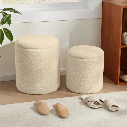 Vista 9 de Royal Windsor Boucle - Juego de 2 otomanas redondas con almacenamiento, taburete pequeño para sala de estar, mesa de centro pequeña, taburete