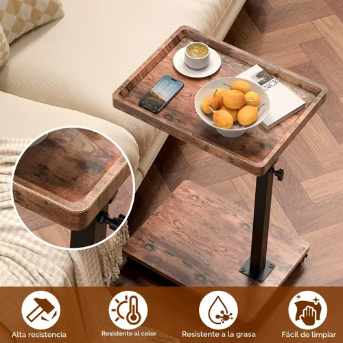 Vista 6 de Mesa auxiliar de mesa C de altura ajustable, mesa giratoria de 360° con ruedas, mesa pequeña para comer, cena, mesas auxiliares en forma de C, sala