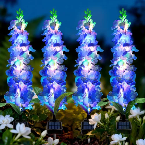 Vista 15 de MRHEPHAESTUS Luces solares de jardín, flores de delfinio 2 unidades 40 LEDs, luces impermeables para exteriores, dos modos de iluminación