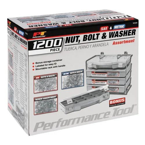 Vista 4 de Performance Tool W5226 Kit surtido de tuercas y pernos SAE/métricas de 1200 Incluye 360 tornillos de máquina, 840 tuercas, pernos y arandelas en un