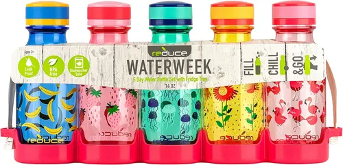 Vista 3 de REDUCE WaterWeek - Botellas de agua reutilizables Tritan de 14 onzas, incluye 5 botellas a prueba de fugas y bandeja para refrigerador, sin BPA