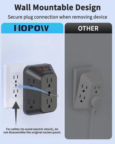Vista 3 de Cargador de pared USB con protector contra sobretensiones, HOPOW extensor de 6 salidas con 4 puertos de carga USB (2 USB C), enchufe de pared