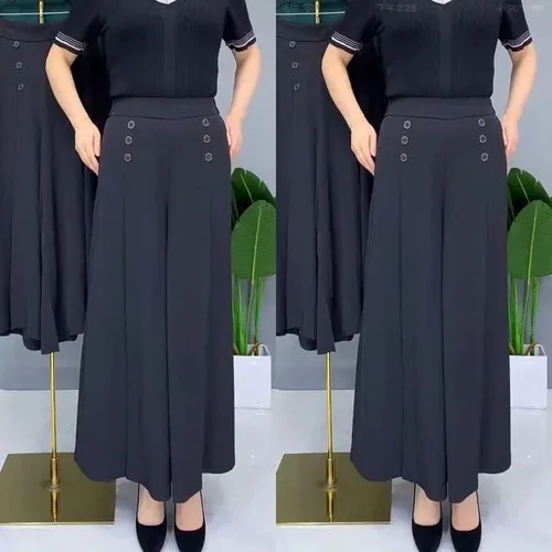 Vista 2 de Pantalones plisados de pierna ancha con estilo fresco y delgado, pantalones de cintura alta con doble botonadura y pierna ancha, pantalones plisados