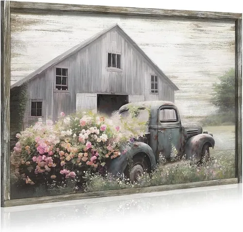 Vista 9 de Arte de pared de madera enmarcada de granja: arte de camión viejo rústico pintura de madera de granero para dormitorio