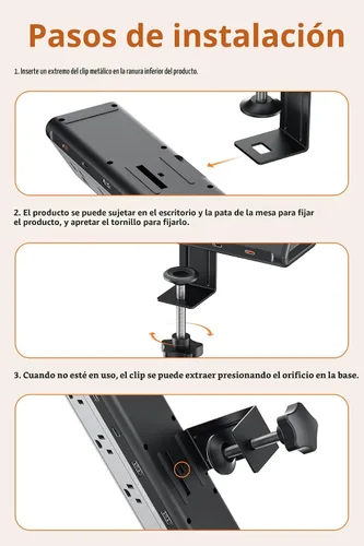 Vista 6 de Regleta de alimentación con abrazadera de escritorio de 6.5 pies con 5 salidas de CA y 6 puertos USB PD de 40 W USB-C de carga rápida, cable de Negro