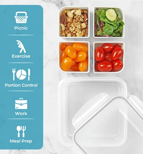 Vista 4 de Recipientes de comida con 4 compartimentos, cuadrados, 4.6 tazas (37.2 fl oz), paquete de 2 Compartimentos extraíbles, tapas herméticas