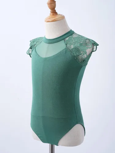 Vista 4 de Leotardo de algodón de una pieza para niñas, de encaje, con volantes, manga con volantes, para gimnasia, ballet y danza, verde ( Bean Green )