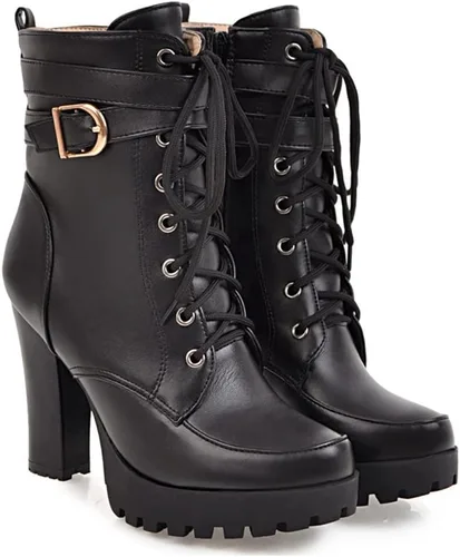 Vista 3 de MIOKE Botines de tacón alto con plataforma y puntera redonda para mujer, con cordones, cremallera y tacón alto grueso, botines cortos Forro