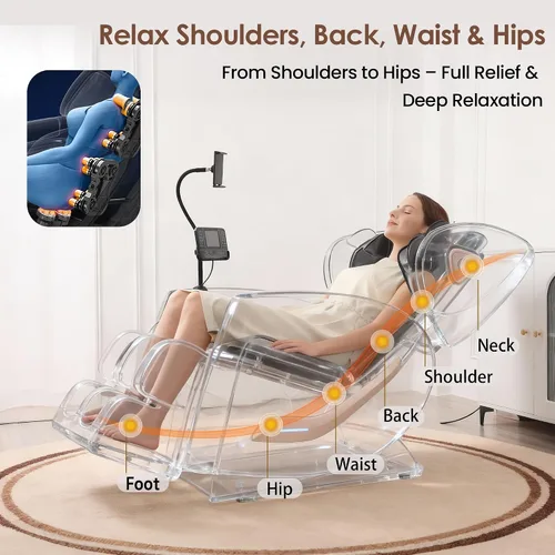 Vista 3 de Silla de masaje Shiatsu de cuerpo completo 3D de gravedad cero con rodillos de 10 nodos, 20 bolsas de aire, calefacción de cintura y piernas, audio