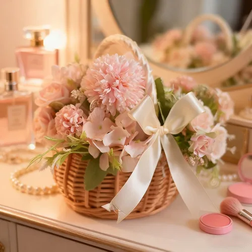 Vista 5 de Lyellfe Paquete de 2 canastas de mimbre hechas a mano con cinta de seda con asa, cesta decorativa para huevos y dulces para regalos, bodas