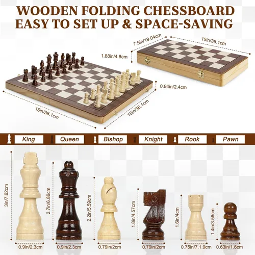 Vista 3 de Juegos de ajedrez magnéticos para niños y adultos, tablero de ajedrez de madera de 15 pulgadas con piezas, juego de ajedrez portátil de viaje