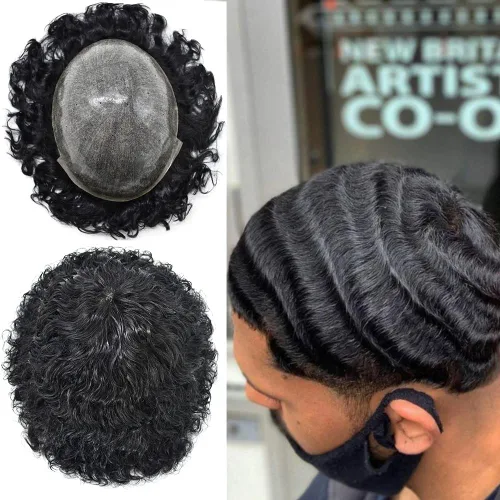 Vista 8 de Afro Toupee para hombres negros Sistemas de reemplazo de cabello 0.004 in Piel fina Afro Pelucas para hombres negros Unidades de pelo afro rizado