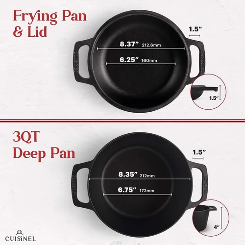 Vista 3 de Cuisinel Horno Holandés de Hierro Fundido - Olla Profunda de 3 Cuartos - Multicocina 2 en 1 Presazonada - Tapa Combinada que Funciona como Sartén