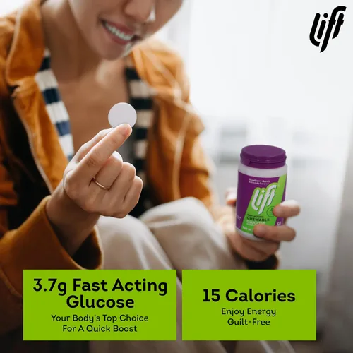 Vista 3 de Lift Glucosa, tabletas energéticas masticables de glucosa de acción rápida, arándano, tarro de 50 unidades (paquete de 1) Chewable glucose tablets