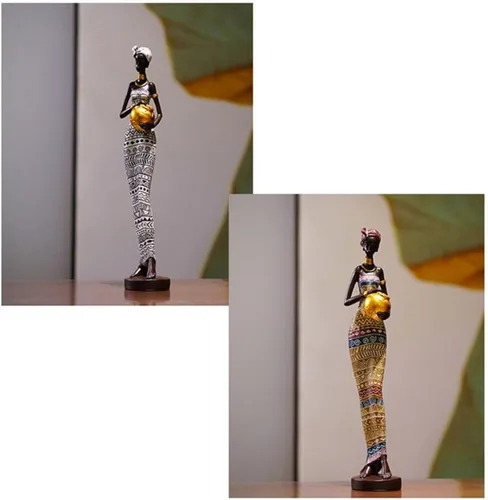 Vista 9 de Buwakul Paquete de 3 esculturas de mujer africana de resina de 17 pulgadas de alto, estatua tribal para decoración del hogar, arte coleccionable