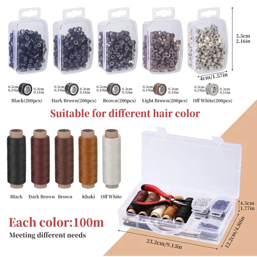 Vista 2 de Kit de herramientas de extensión de cabello, 5 colores, 1000 piezas de micro anillos de silicona Hair Styling Tools Accessory with Hair Extension